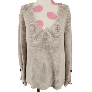 Women's Miracle USA Cream Sweater Lace Up Sleeves S/M V-Neck Cableknit Top
